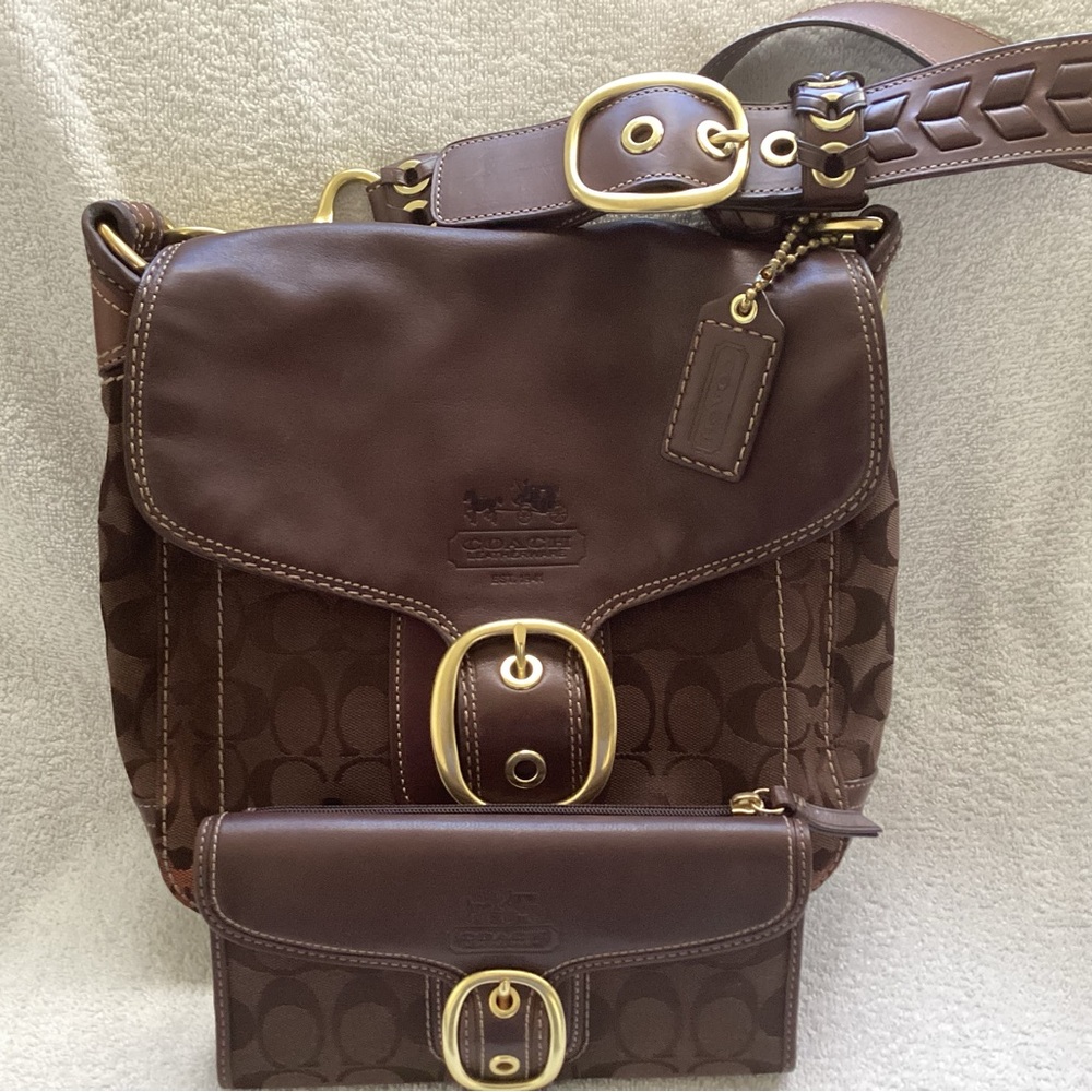 Coach Bleecker Mahogany Leather Jacquard Hobo 11434 Checkbook Wallet 40893 Set